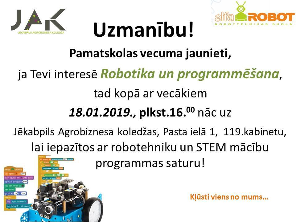 Jēkabpils Agrobiznesa koledža aicina uz robotikas un programmēšanas apmācībām