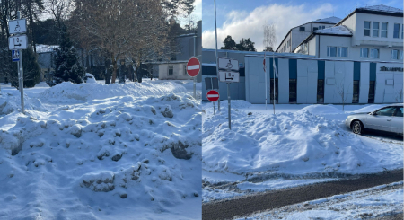 Mums raksta: Kāpēc invalīdu stāvvietā pie Jēkabpils slimnīcas sniega kaudze? (FOTO)