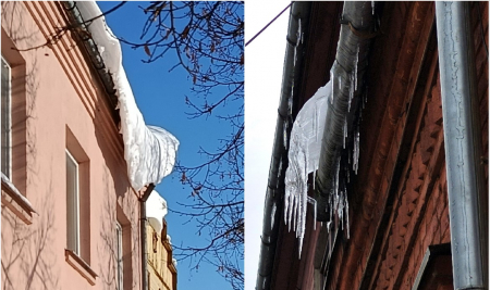 Mums raksta: Jēkabpilī lāstekas un nokarenais sniegs rada krišanas risku no jumtiem un  apdraud gājējus (FOTO)