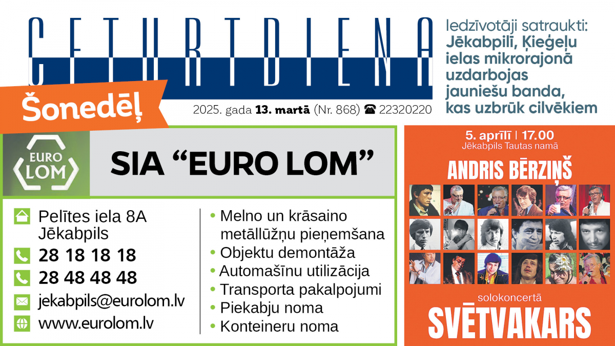 Laikraksta "Ceturtdiena" sludinājumi 13.03.2025