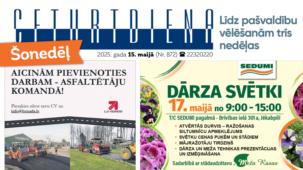 Laikraksta "Ceturtdiena" sludinājumi 15.05.2025