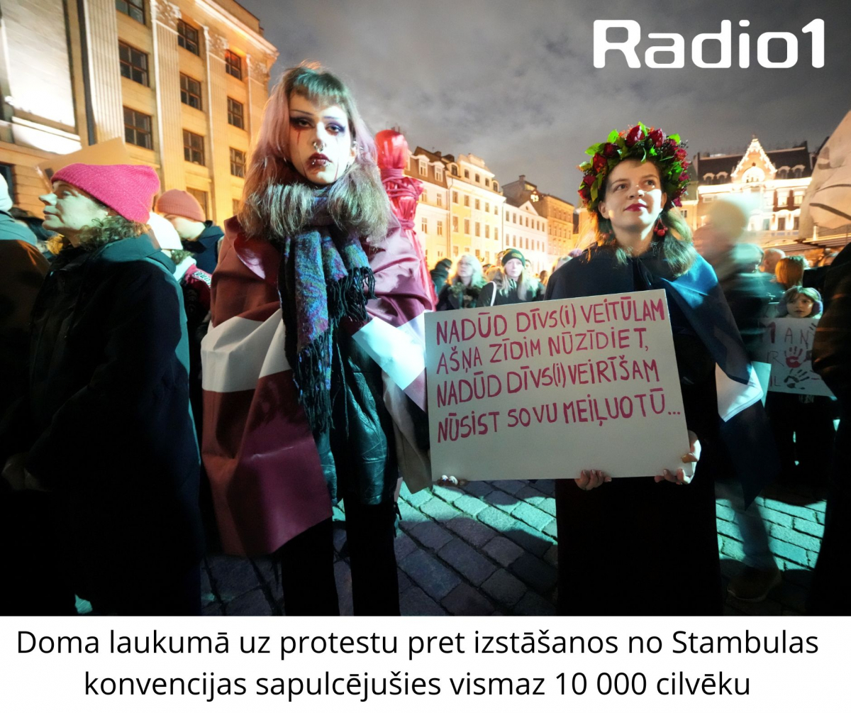 Doma laukumā uz protestu pret izstāšanos no Stambulas konvencijas pulcējušies vismaz 10 000 cilvēku