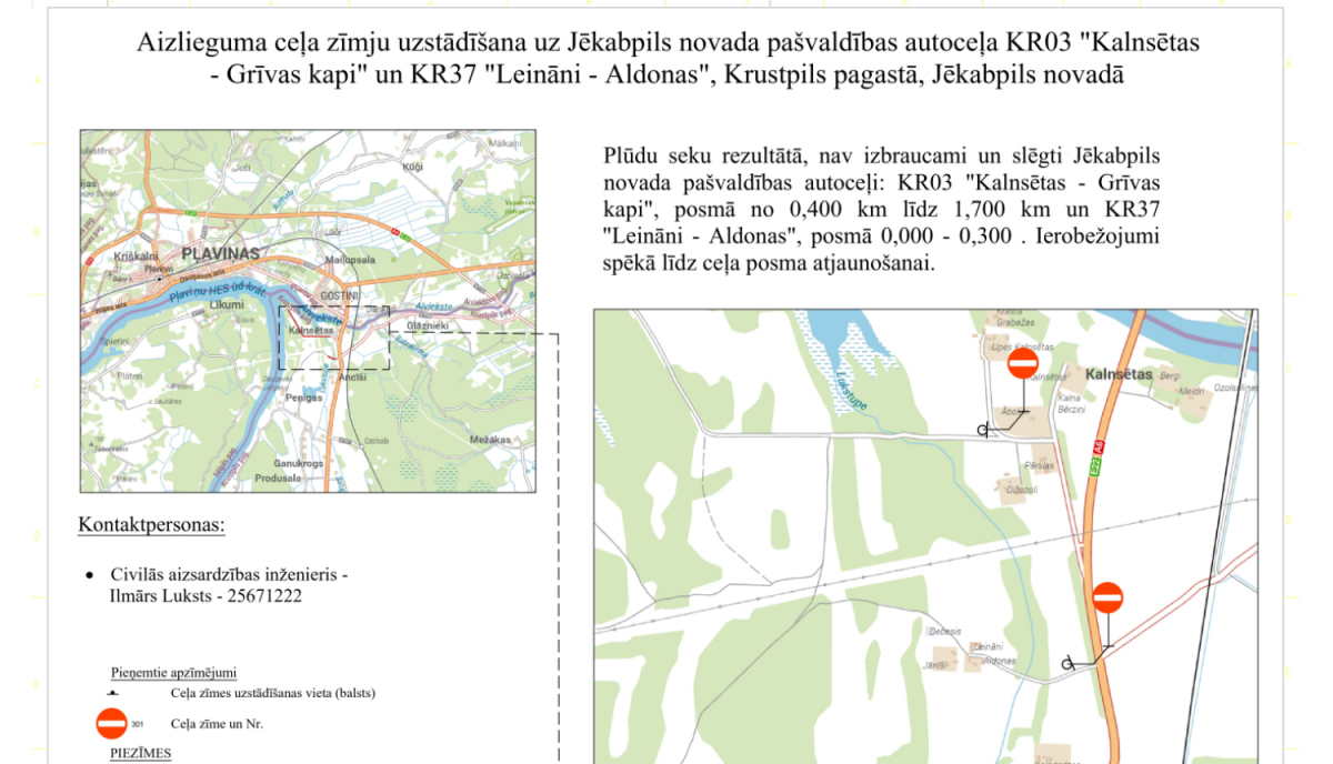 Plūdu dēļ slēgti divi pašvaldības ceļi Krustpils pagastā