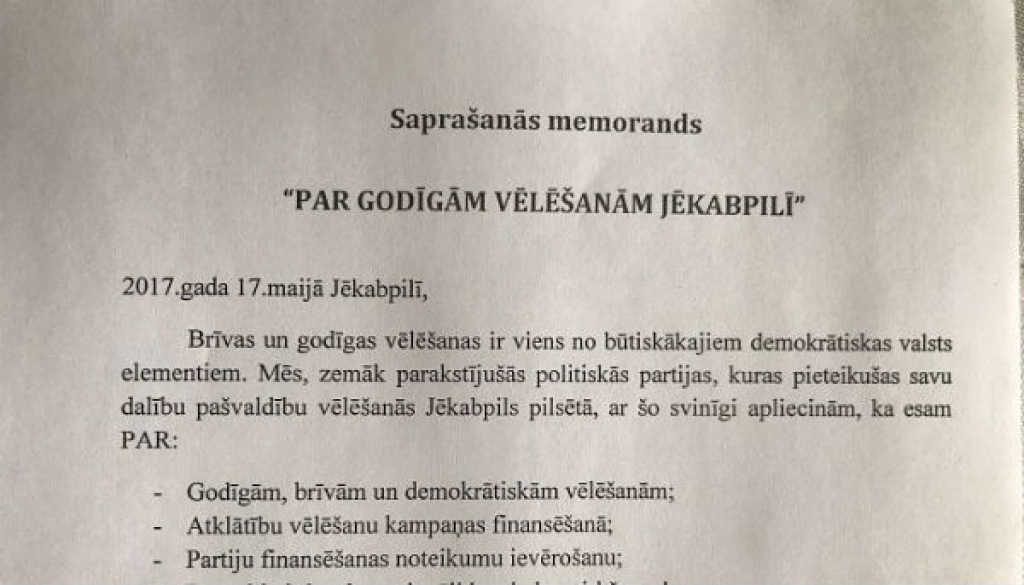 Partiju pārstāvji paraksta memorandu par godīgām vēlēšanām Jēkabpilī