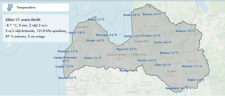 Austrumu novados šorīt sals vietām pastiprinājies līdz desmit grādiem, Jēkabpilī mīnus 8,7 grādi